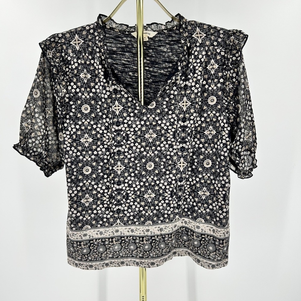 Lucky Brand Womens Mixed Media Floral Ruffle V-Neck Top Black White Medium